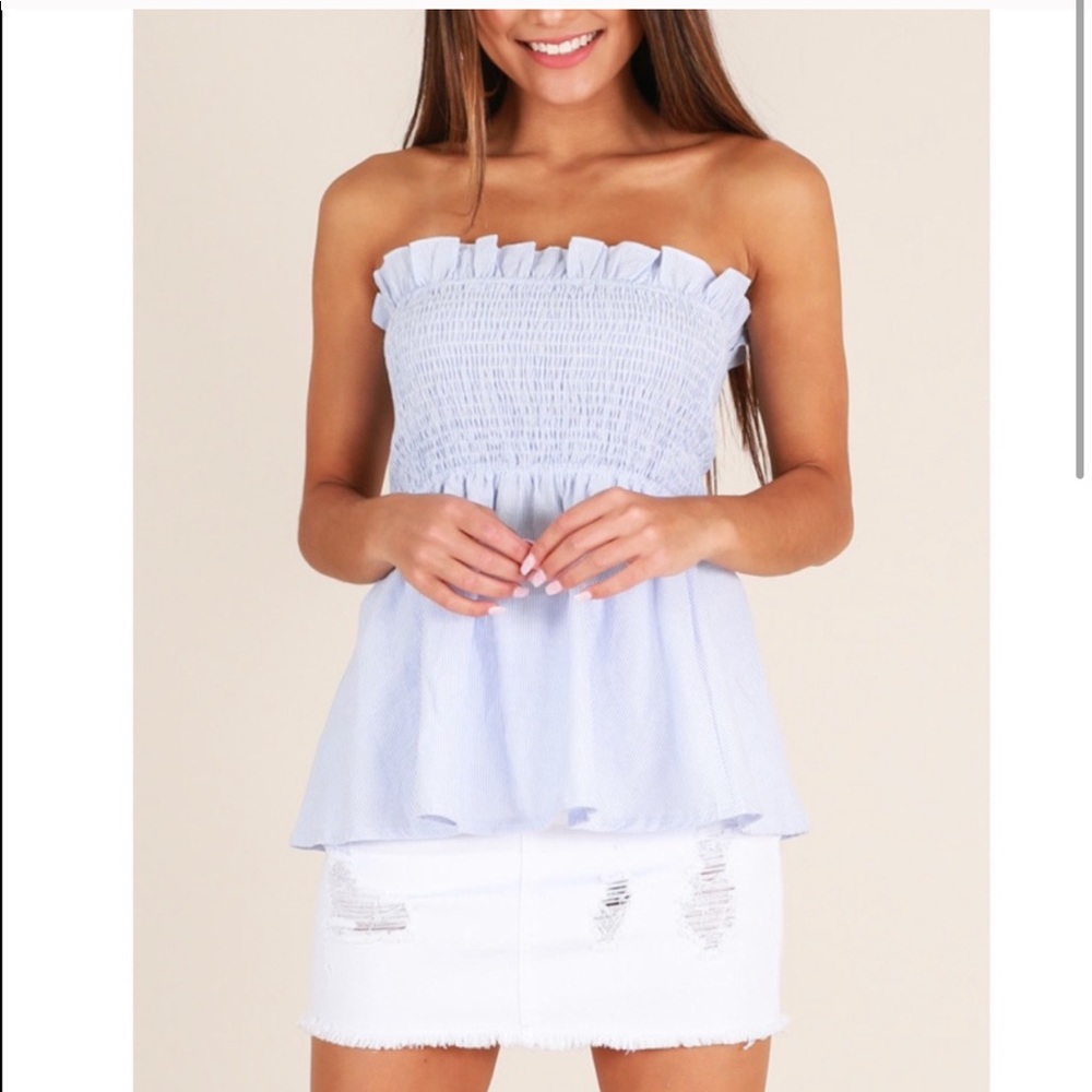 Showpo blue ruffled strapless top